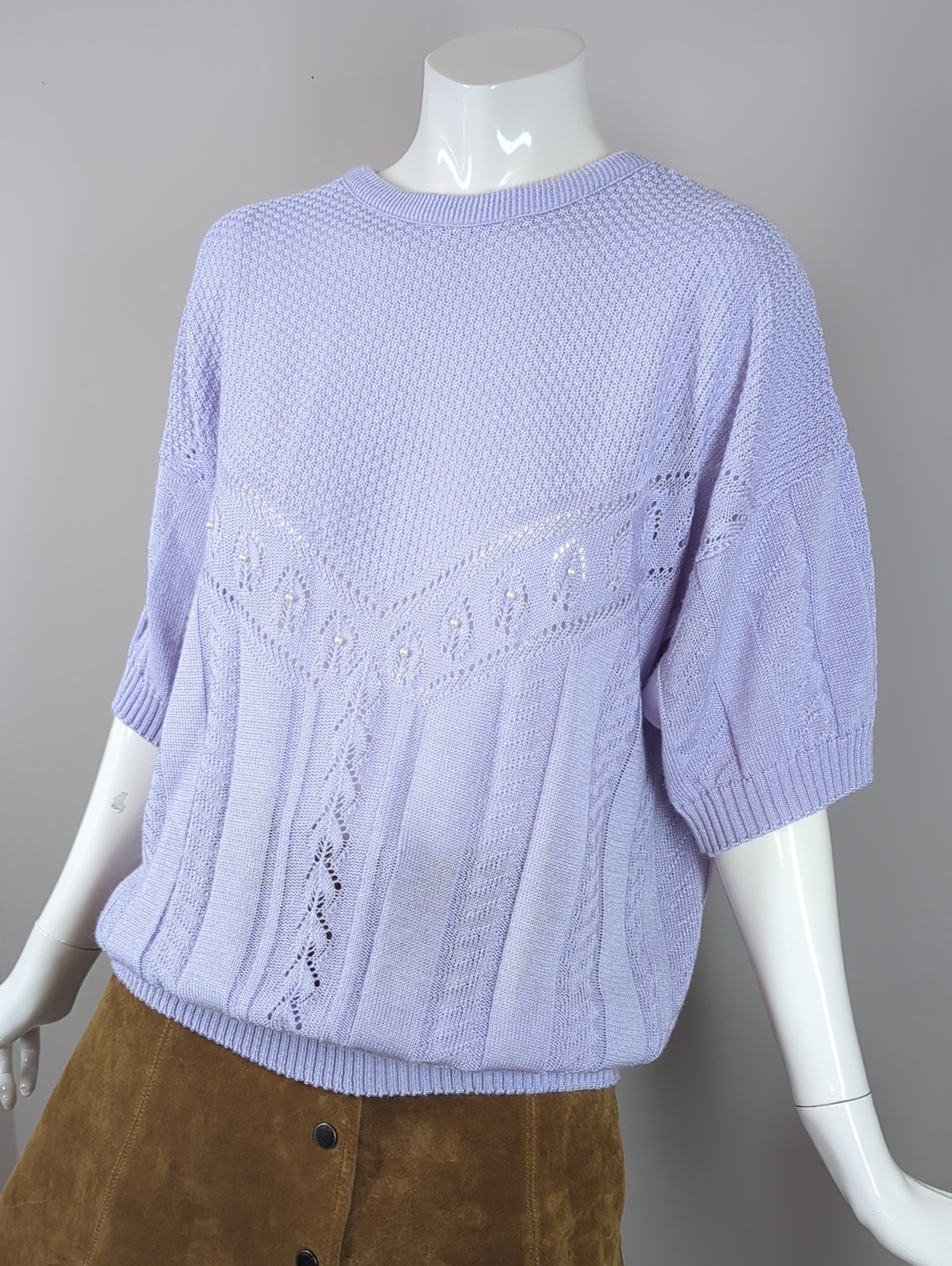 Vintage Lavender Knit Short-Sleeve Sweater - Unbranded 90s Pearl Accent Large